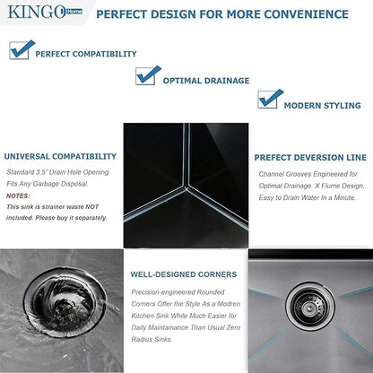 KINGO HOME 28 Inch Black Drop in Kitchen Sink, 28x18 Inch Gunmetal Black Single Bowl Stainless Steel Basin Topmount Kitchen Sink, 16 Gauge Metal Sink with Strainer