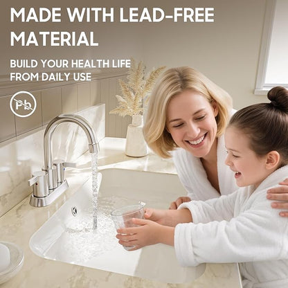 Phiestina 4 Inch Centerset 2 or 3 Holes 2 Handle Chrome Lead-Free Bathroom Faucet, Swivel Spout with Copper Pop Up Drain and 2 Water Supply Lines, BF015-1-C