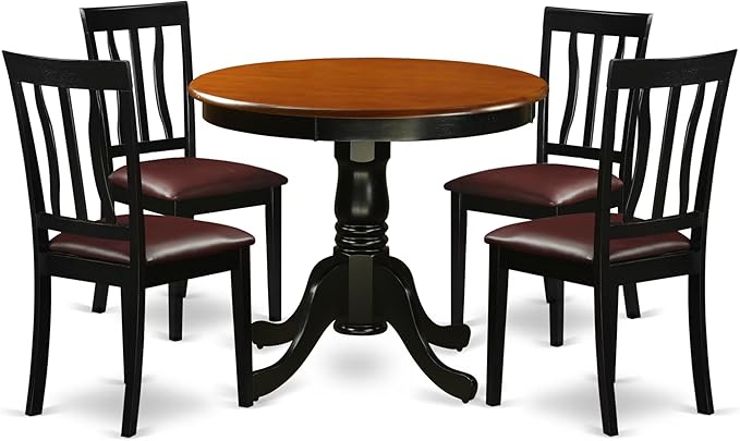 East West Furniture ANTI5-BLK-LC 5 Piece Dining Table Set for 4 Includes a Round Kitchen Table with Pedestal and 4 Faux Leather Upholstered Dinette Chairs, 36x36 Inch, Black & Cherry