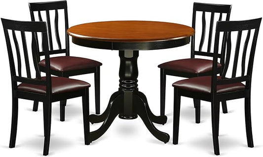 East West Furniture ANTI5-BLK-LC 5 Piece Dining Table Set for 4 Includes a Round Kitchen Table with Pedestal and 4 Faux Leather Upholstered Dinette Chairs, 36x36 Inch, Black & Cherry