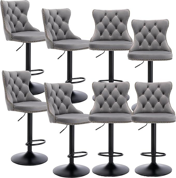 Rhomtree Velvet Swivel Bar Stools Upholstered Bar Stool with Button Tufted Back and Pull Ring Height Adjustable Barstools 25-33 Inch for Home Pub and Kitchen Island (Gray with Black Base, Set of 8)