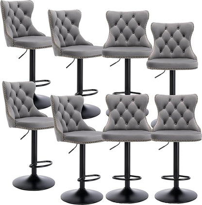 Rhomtree Velvet Swivel Bar Stools Upholstered Bar Stool with Button Tufted Back and Pull Ring Height Adjustable Barstools 25-33 Inch for Home Pub and Kitchen Island (Gray with Black Base, Set of 8)