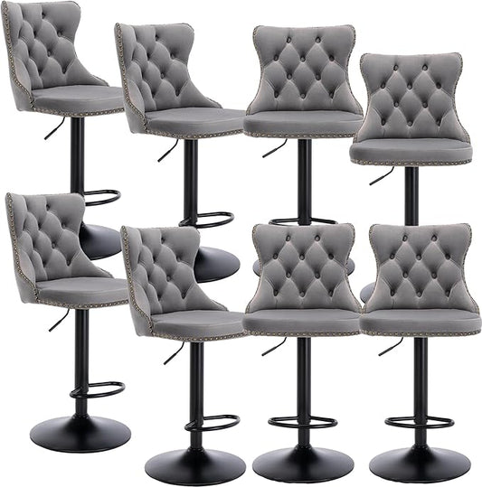 Rhomtree Velvet Swivel Bar Stools Upholstered Bar Stool with Button Tufted Back and Pull Ring Height Adjustable Barstools 25-33 Inch for Home Pub and Kitchen Island (Gray with Black Base, Set of 8)