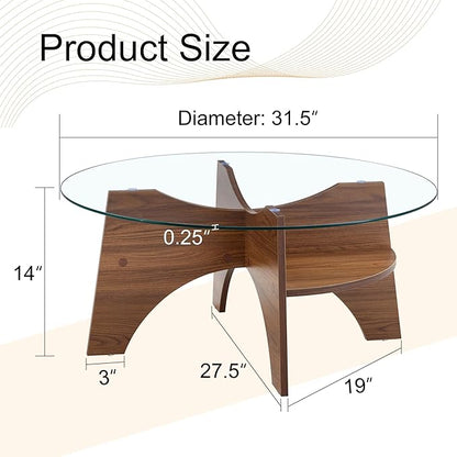 Round Coffee Tables, 31.5" Simple Glass Coffee Table with Tempered Glass Top and MDF Base, Diagonal Fan-Shaped Tray Design Table Leg Modern Center Table for Living Room Walnut