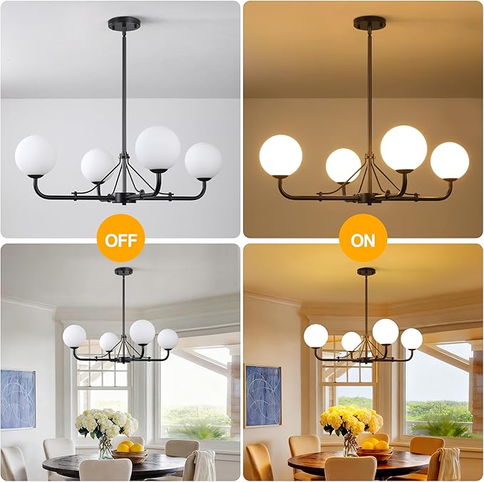 Klgxnrd 4 Lights Black Chandelier, Mid Century Modern Chandeliers for Dining Room, Hanging Sputnik Light Fixture for Living Room Kitchen Island Foyer Bedroom, Milk White Globe Glass Shade
