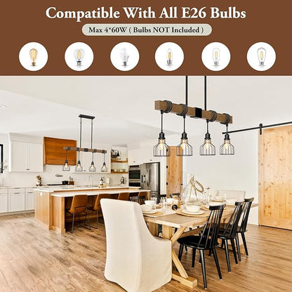 4-Light Kitchen Island Lighting, 63" Adjustable Height Pendant Light Fixtures Black Metal & Rustic Wood Modern Dining Room Chandelier Over Table with E26 Base for Farmhouse Bar