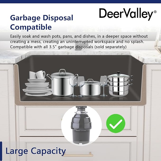 DeerValley Black Farmhouse Workstation Sink 33 Inch, Fireclay Apron Undermount Single Bowl Kitchen Sink with Accessories