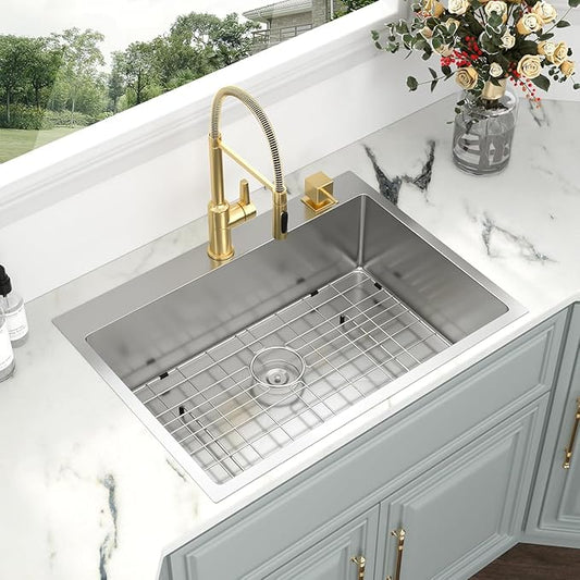 Kichae 30 Inch Drop In Kitchen Sink - Stainless Steel Kitchen Sinks 30x22x9 Inch Topmount Overmount Single Bowl Handmade Basin