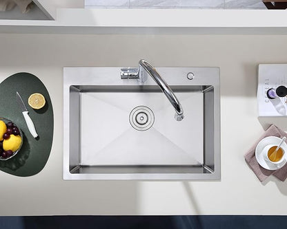 Brushed 25 Inch Drop in Kitchen Sink, 18 Gauge Stainless Steel Single Bowl Kitchen Sink with 2 Faucet Holes, 9'' Deep Basin Bowl with Grid, D25" x W18" x H9"