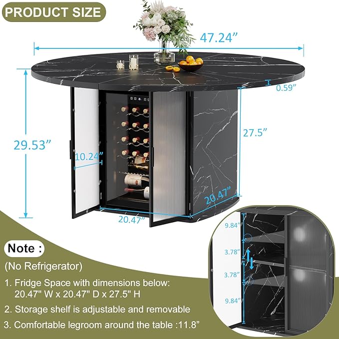 IBF Round Dining Table with Storage, Black Faux Marble Kitchen Tables for 4-6 People, 47" Modern Dining Room Tables with Fridge Space, Wood Circle Dinner Table for Home, Black Marble, Only Table