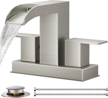 FORIOUS Brushed Nickel Bathroom Faucets for 2 Hole or 3 Hole, Waterfall 4 Inch Centerset Bathroom Sink Faucet with Metal Pop-up Drain and Supply Lines, Two Handles for Vanity, Basin