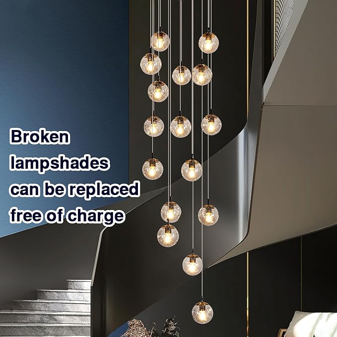 SZXYKEJI 16 Light Chandelier Mid Century Glass Globe Staircase Long Pendant Light Fixture Large Chandeliers for High Ceiling Light LED Bulbs for Living Room Foyer Hallway