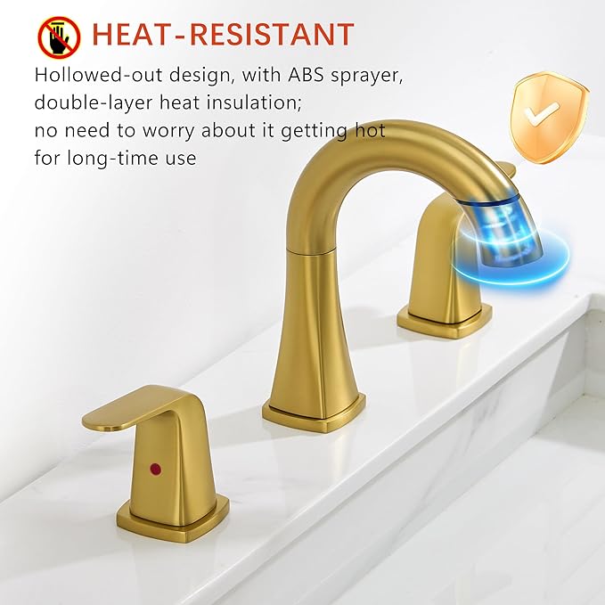 Gold Bathroom Faucet with Sprayer - Brushed Gold Faucets for Sink 3 Holes, Bathroom Pull Down Faucet, 2 Handles 8 Inch Widespread Vanity Faucet with Pull Out Sprayer & Pop-up Drain