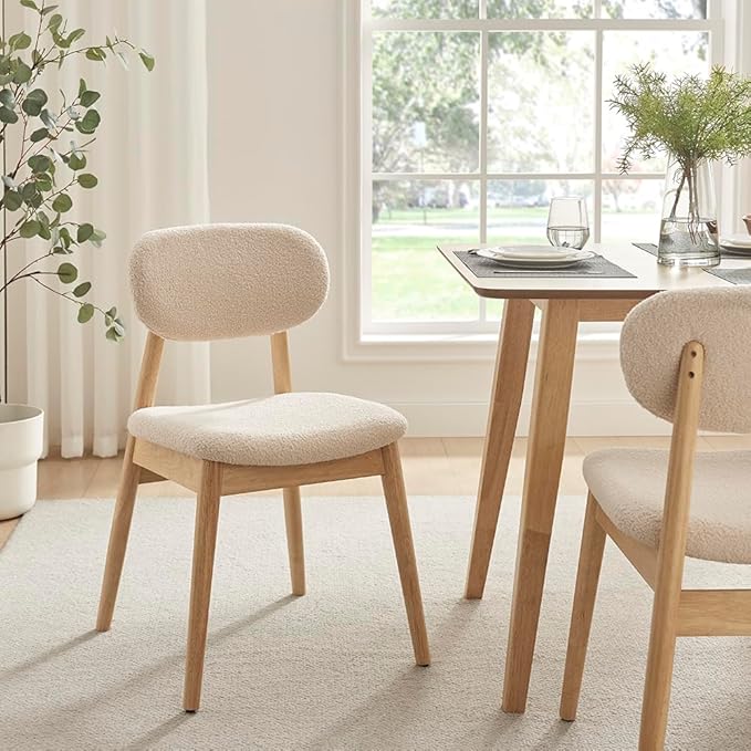 Wooden Dining Chairs Set of 2, Farmhouse Boucle Upholstered Kitchen Chairs, Step-By-Step Video Guide for Assembly, Cream White