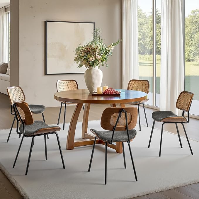 HULALA HOME Rattan Dining Room Chairs Set of 6, Farmhouse Upholstered Kitchen Chair with Square Woven Backrest, Metal Legs, Accent Side Chairs for Dining Living Room Resurant Cafe - Dark Gray