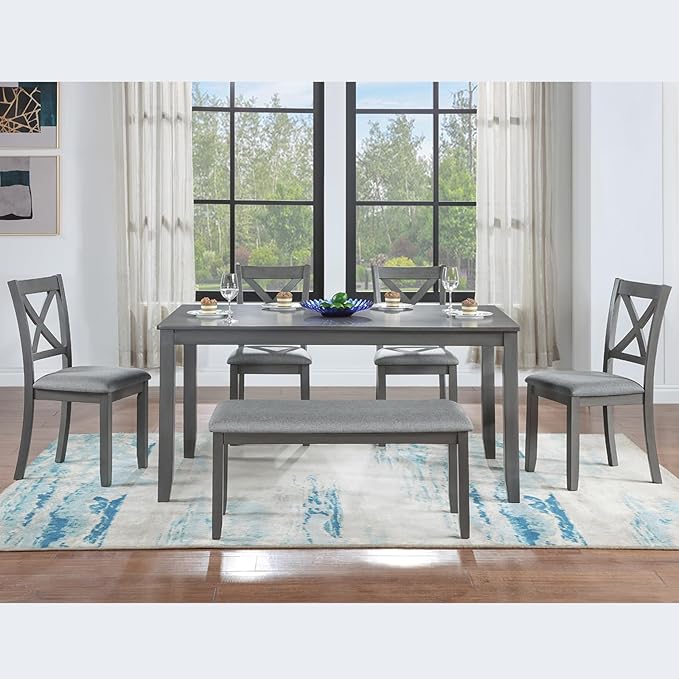 6-Piece Kitchen Dining Set, Rectangular Wooden Dining Table with 4 Upholstered Chairs and 1 Bench, Modern Dining Table Set for 6 People for Dining Room, Home Bar and Kitchen, Gray
