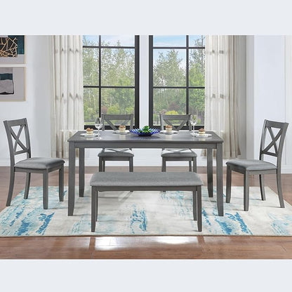 6-Piece Kitchen Dining Set, Rectangular Wooden Dining Table with 4 Upholstered Chairs and 1 Bench, Modern Dining Table Set for 6 People for Dining Room, Home Bar and Kitchen, Gray