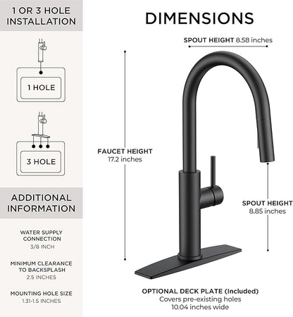 FORIOUS Kitchen Faucet with Pull Down Sprayer, Classic Matte Black, Single Handle High Arc Stainless Steel Kitchen Sink Faucet, 1 or 3 Hole Deck Mount for RV, Bar, Farmhouse, Laundry, Outdoor
