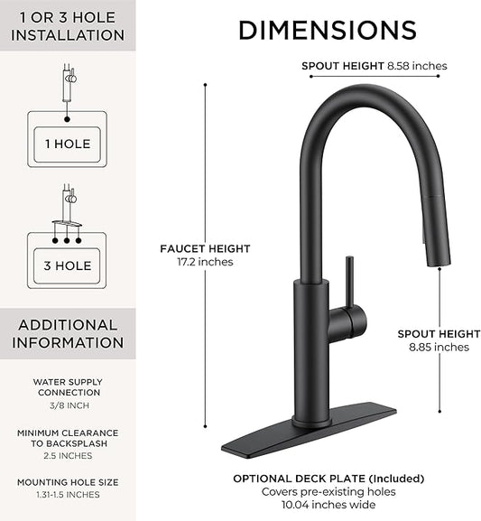 FORIOUS Kitchen Faucet with Pull Down Sprayer, Classic Matte Black, Single Handle High Arc Stainless Steel Kitchen Sink Faucet, 1 or 3 Hole Deck Mount for RV, Bar, Farmhouse, Laundry, Outdoor