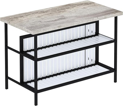 Lamerge 3 Piece Bar Table and Chairs Set, Industrial Bar Table Set with Storage Shelves,Marble Counter Height Island with 2 Bar Stools,Modern Pub Island for Kitchen,Grey