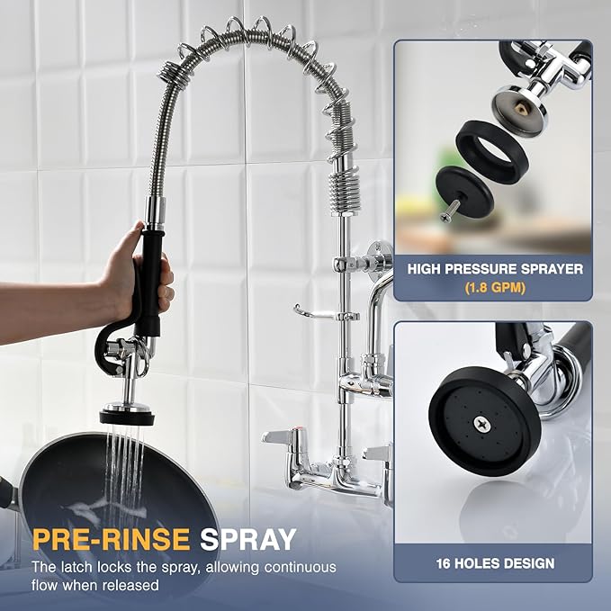 CENOSA Commercial Sink Faucet Wall Mount with Pre-Rinse Sprayer – 8 Inch Center Wall Mount Sink Faucet, 25" Height, 12" Swing Spout, Pull Down Sprayer for Industrial & Restaurant Sinks