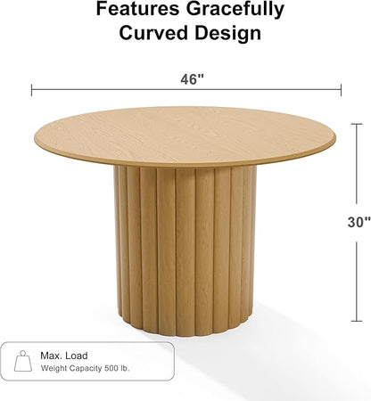 Casaphoria 46" Round Dining Table, Modern Wood Kitchen Table with Cylindrical Wide Bar Protruding Base for Living Room & Dining Room, Easy Assembly Farmhouse Furniture for 4-6, Oak