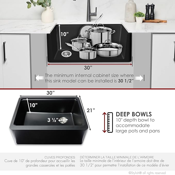 Stylish 30 x 21 Inch Farmhouse Composite Granite Apron Front Workstation Kitchen Sink, Single Bowl Undermount/Flush-Mount, 10 in Deep, with Cutting Board, Colander & Strainer, Black, S-830WN