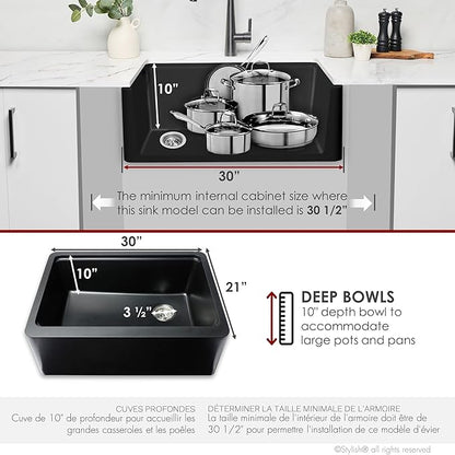 Stylish 30 x 21 Inch Farmhouse Composite Granite Apron Front Workstation Kitchen Sink, Single Bowl Undermount/Flush-Mount, 10 in Deep, with Cutting Board, Colander & Strainer, Black, S-830WN