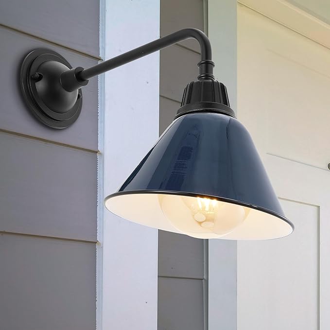 JONATHAN Y 9.63" Navy/Black 1-Light Farmhouse Outdoor Sconce, Industrial LED Wall Light, Gooseneck Arm Barn Lamp with Metal Bell Shade for Porch, Patio, Kitchen, LED Bulb Included (JYL7612C)