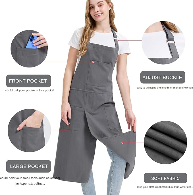 Molaxhome Split Apron with 3 Pockets,Unisex Pottery Apron with Adjustable Strap for Kitchen Ceramics