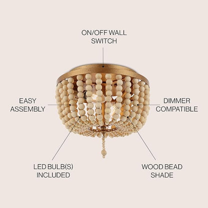 JONATHAN Y 10" Antique Gold/Cream Allison 2-Light LED Flush Mount Ceiling Light for Bedroom, Wood Beaded Shade Shabby Chic Farmhouse Rustic Decor, LED Bulbs Included JYL9074A