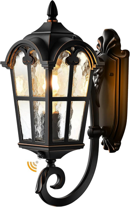 VIANIS Outdoor Lights for Porch, Black Dusk to Dawn Outside Lighting with Gold Trim, Porch Lights Outdoor with Tempered Water Ripple Glass for Garden, Patio, Entryway, Waterproof Anti-Rust