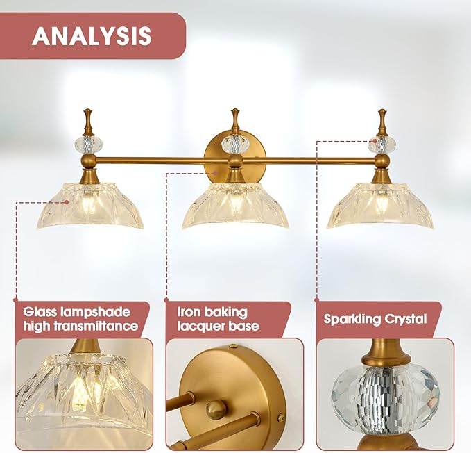 Vintage Bathroom Light Fixtures Gold Bathroom Vanity Light with Glass Shade G9 Bulb Wall Sconces Lighting for Bedroom Living Room Kitchen Hallway