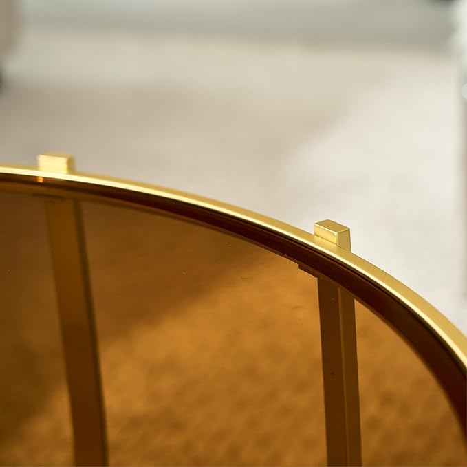 Saint Mossi 30" Glass Round Coffee Table for Living Room, Mid Century Modern 2-Tier Gold Drum Center Table, Brown Glass Top, Glass Shelf with Gold Finish Legs & Frame, W30xH16.5