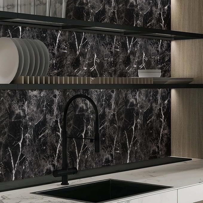 Black Marble Paper 17.7" x 78.7" Granite Wallpaper Peel and Stick Countertop Paper Self Adhesive Thickening for Kitchen Bathroom and Furniture