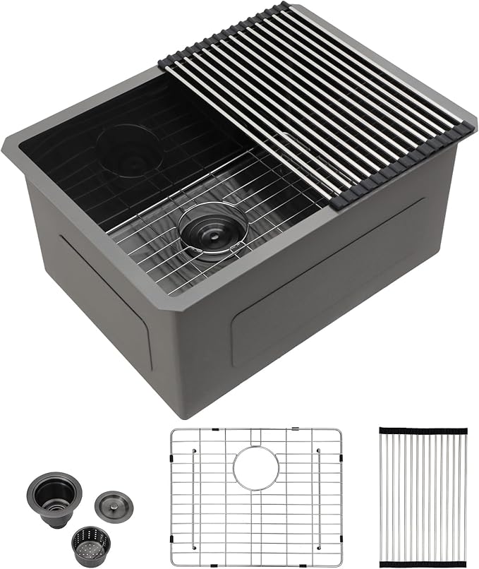 Kichae Black Laundry Sink Undermount - 24x19 Inch Black Undermount Utility Sink 12" Deep Stainless Steel Single Bowl Under Counter Handmade Laundry Utility Room Basin