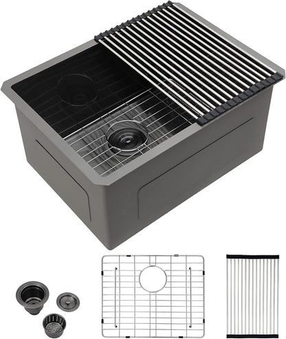 Kichae Black Laundry Sink Undermount - 24x19 Inch Black Undermount Utility Sink 12" Deep Stainless Steel Single Bowl Under Counter Handmade Laundry Utility Room Basin