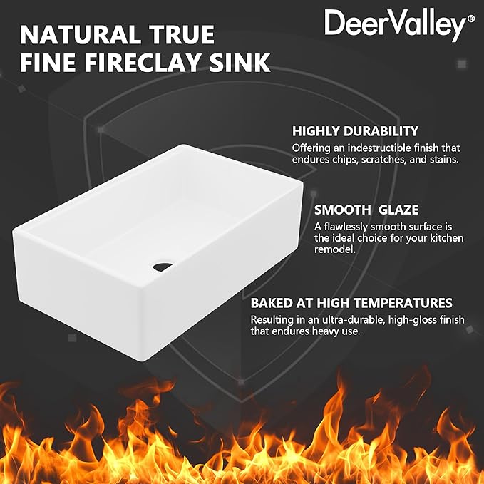 33In White Farmhouse Sinks for Kitchens, DeerValley 33 Inch Farm Kitchen Sink Workstation Flat Apron Front, White Fireclay Single Bowl Kitchen Basin with Cutting Board, Dish Rack & Grid, Easy to Clean
