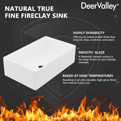 33In White Farmhouse Sinks for Kitchens, DeerValley 33 Inch Farm Kitchen Sink Workstation Flat Apron Front, White Fireclay Single Bowl Kitchen Basin with Cutting Board, Dish Rack & Grid, Easy to Clean