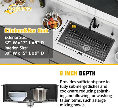 Black 32x17 Inch Undermount Kitchen Sink-Stainless Steel Single Bowl Drop In Kitchen Sink Stylish And Modern Look With Bottom Grid,Silicon Mat And Drain Assembly Add Elegance & Enhance Usability