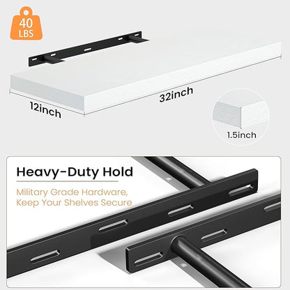12 Inch Deep Floating Shelves, 32W x 12D Floating Shelf for Books, Rustic Wood Deep Wall Shelves for Home Storage & Display, 1.5" Thicked Shelves for Kitchen, Living Room, Bedroom, White, 2 Pack
