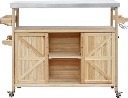 Modern Dining Table Outdoor Kitchen Island with Cabinet, Rolling Bar Cart, Farmhouse Solid Wood Grill Table with Stainless Steel Top, Spice Rack, Towel Rack for Kitchen Dining Room Tables,Natu