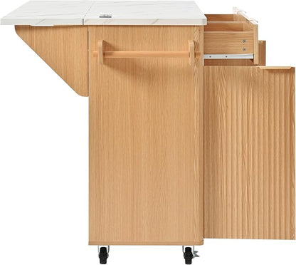 Merax Farmhouse 52 inch Rolling Kitchen Island on Wheels with Drop Leaf Table & Power Outlet, Wood Fluted Kitchen Cart on Wheels with Faux Marble Top, 2 Drawers & Cabinets, 52" Wide Natural