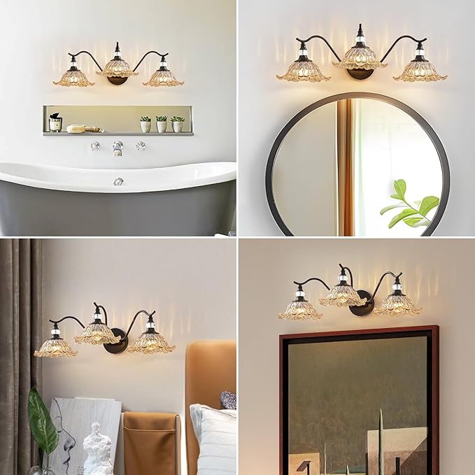 Vintage Bathroom Vanity Light Fixtures - 3 Light Antique Matte Black Bathroom Lights Fixture Over Mirror with Amber Flower Glass,Retro High End Wall Mounted Vanity Lighting for Bath Powder Room