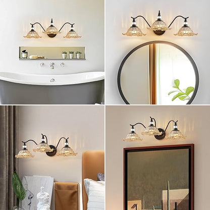 Vintage Bathroom Vanity Light Fixtures - 3 Light Antique Matte Black Bathroom Lights Fixture Over Mirror with Amber Flower Glass,Retro High End Wall Mounted Vanity Lighting for Bath Powder Room