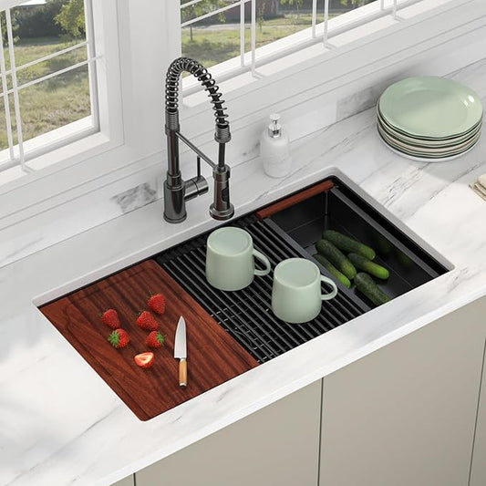 33 Inch Matte Black Workstation Kitchen Sink - Premium NANO-PVD Coated Undermount Sink, 16 Gauge Deep Single Bowl with Accessory Ledge & Round Corner, Fits 36” Cabinet (33"x19"x10")