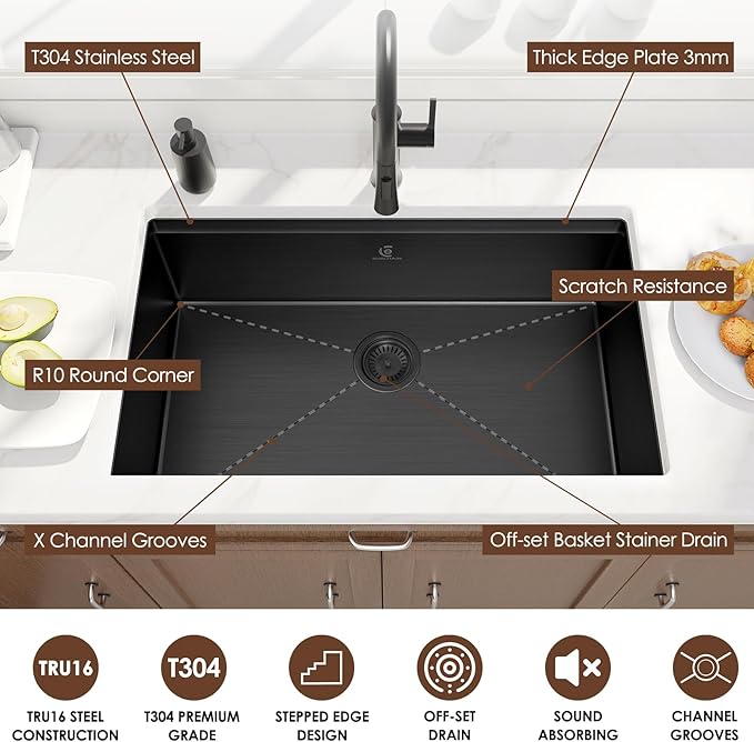32x19 Inch Undermount Kitchen Sink Luxury Nano-coating Single Bowl Black Kitchen Sinks 16 Gauge Stainless Steel Soundproof Kitchen Workstation with 6 Accessories (Black)