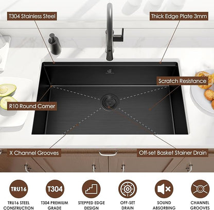 32x19 Inch Undermount Kitchen Sink Luxury Nano-coating Single Bowl Black Kitchen Sinks 16 Gauge Stainless Steel Soundproof Kitchen Workstation with 6 Accessories (Black)