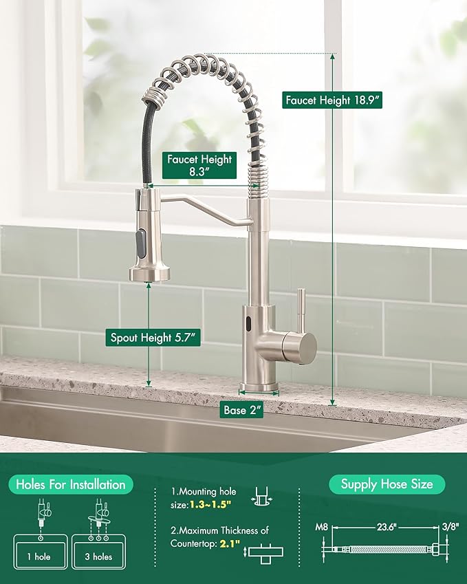 AIMADI Touchless Kitchen Faucet with Pull Down Sprayer,Brushed Nickel Motion Sensor Kitchen Sink Faucet,Smart Hands Free Stainless Steel Spring Faucets for Farmhouse RV Utility Sink,1 or 3 Hole