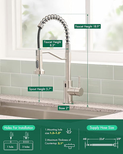AIMADI Touchless Kitchen Faucet with Pull Down Sprayer,Brushed Nickel Motion Sensor Kitchen Sink Faucet,Smart Hands Free Stainless Steel Spring Faucets for Farmhouse RV Utility Sink,1 or 3 Hole